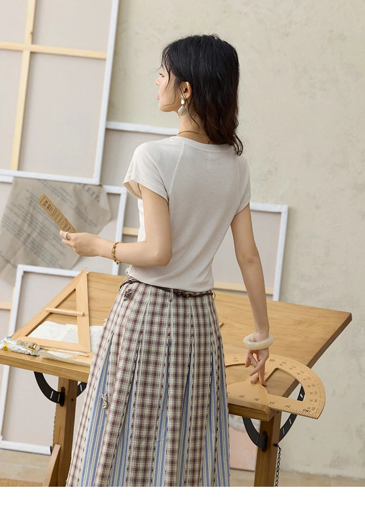 MISHOW Retro Plaid Patchwork Pleats Skirt Summer 2025 Versatile Flowers Slim Skirt A-LINE Skirts Excluding Waist Belt MXE35B0726