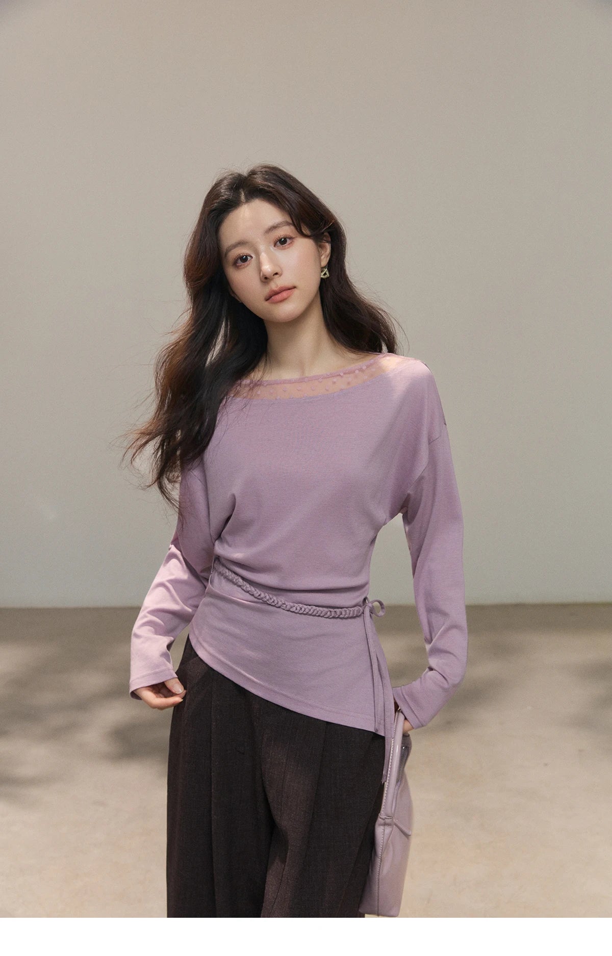 MISHOW Women's Mesh Wool Lace Polka Dot Splicing Tops 2026 Spring Boat Neck Slim Belt Twist Casual Solid T-Shirts MXF13Z3001