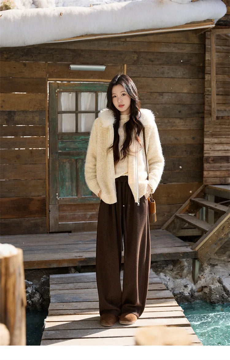 MISHOW Women's Beige White Cardigan Winter Fur Hood Zipper Warm Loose Outerwear Towel Embroidered Knitted Cardigan MXE94Z2963