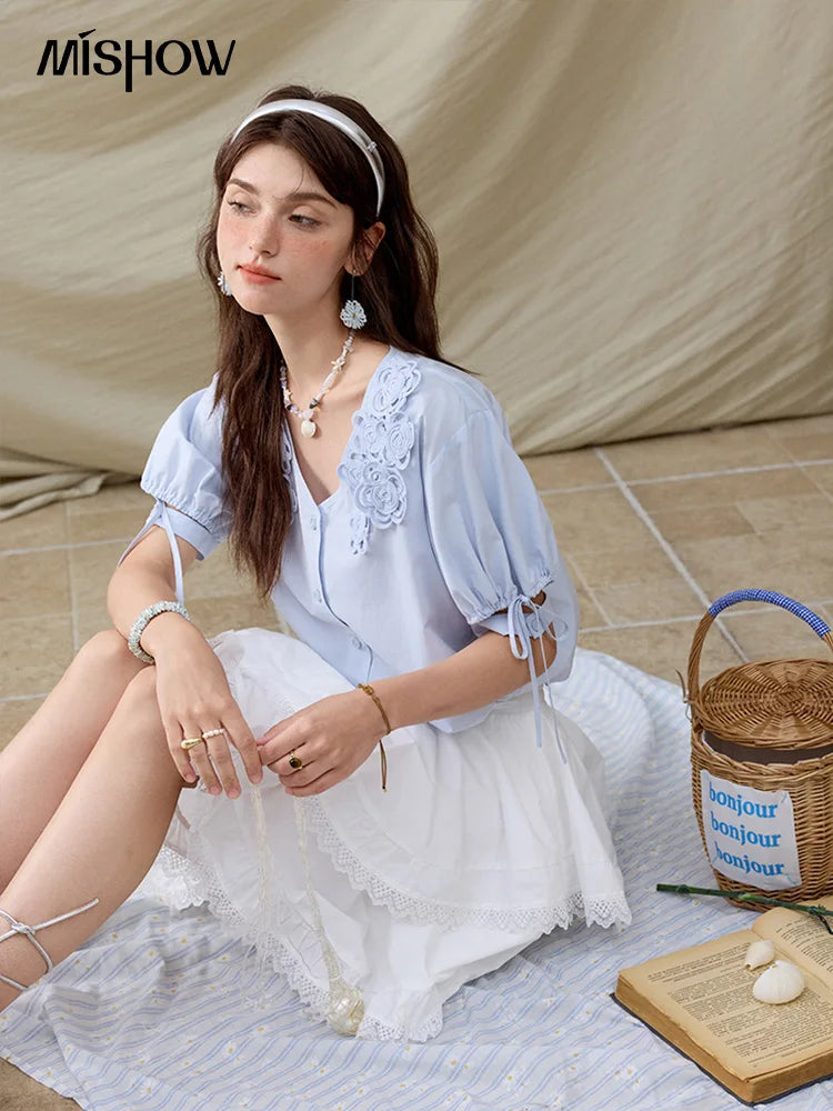 MISHOW French New Shirts Women Summer 2025 Solid Short Sleeve V-neck Embroidered Loose Blouses Female Loose Versatile MXE31X1774