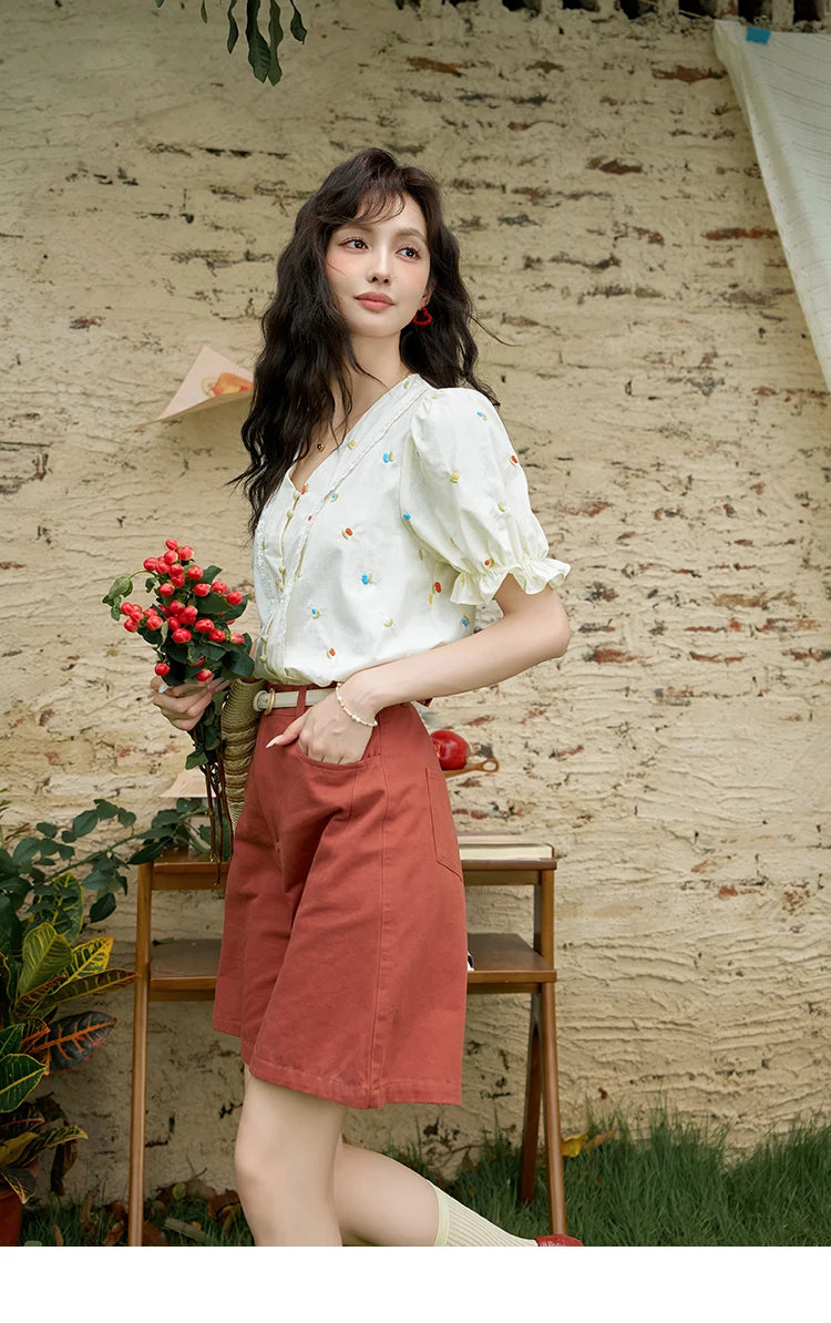 MISHOW 100% Cotton Women's Puff Short Sleeve Shirt 2025 Summer New Square Neck Blouse Embroidered Lace Patchwork Tops MXD22X1420