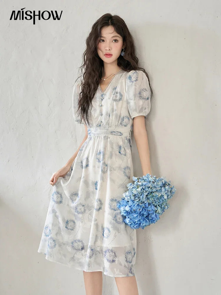 MISHOW 【Taraxacum Series】Chiffon Dress for Women 2023 Summer French Taraxacum Printing V-neck Waist Puff Sleeve Dress MXC39L1555