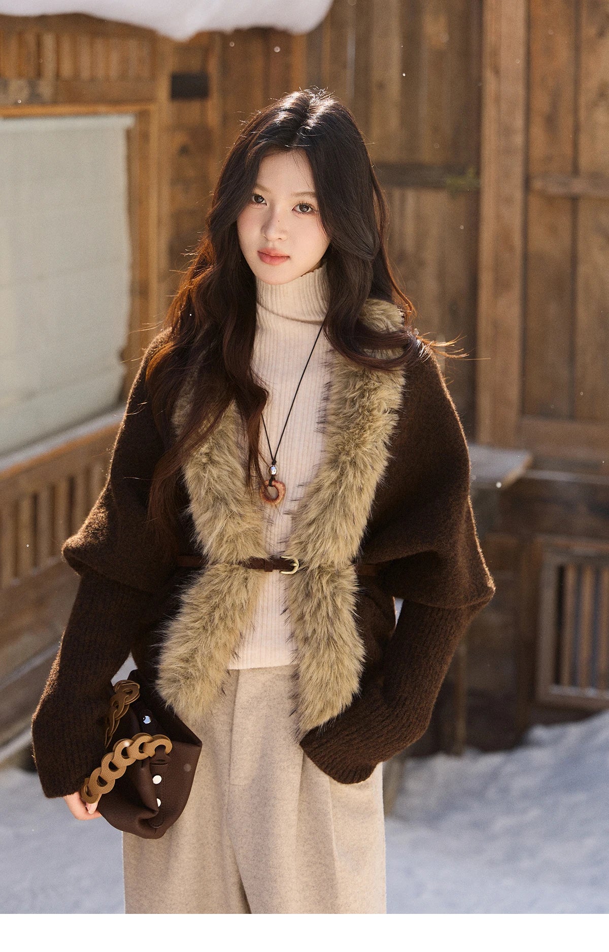 MISHOW Women's Brown Knitted Cardigan 2025 Winter Faux Fur Collar Batwing Sleeve Tops Warm Loose Outerwear Beltless MXE94Z2954