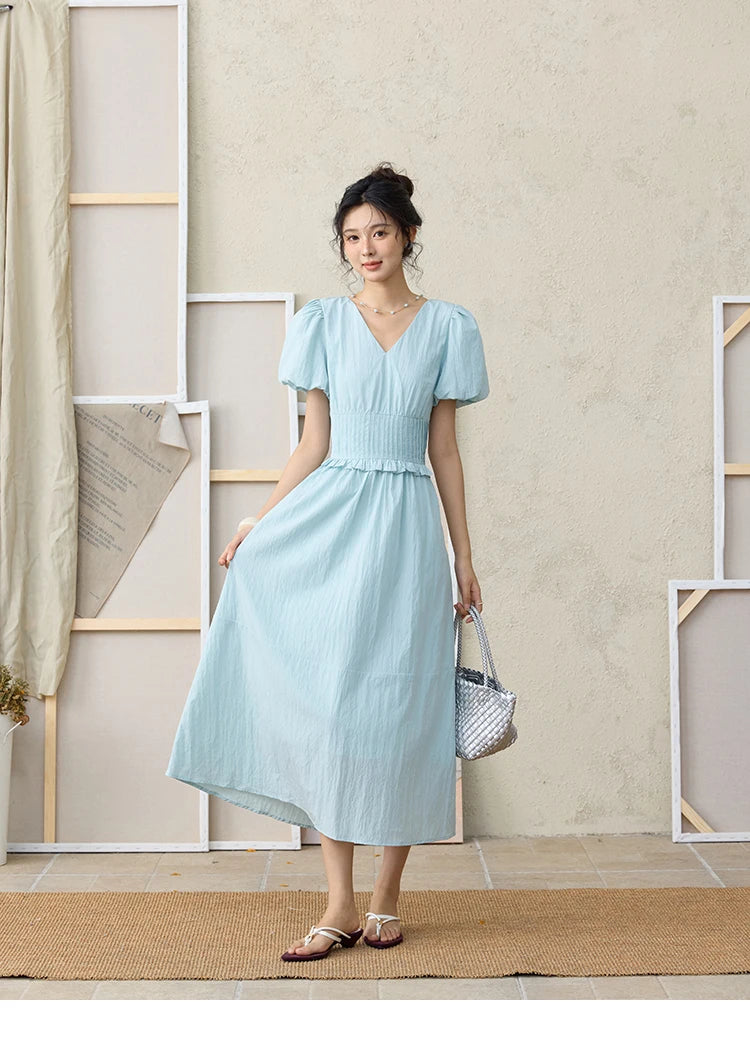 MISHOW French Summer Dresses Women 2025 New Short Puff Sleeve V-neck Solid Cotton Blended Dress Female Slimming MXE34L2288