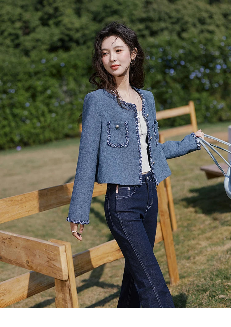 MISHOW Retro Fragrant Style Jacket for Women Spring 2025 Shoulder Pads Coarse Tweed Splicing Ribbon Blue Suit Coats MXE13W0705