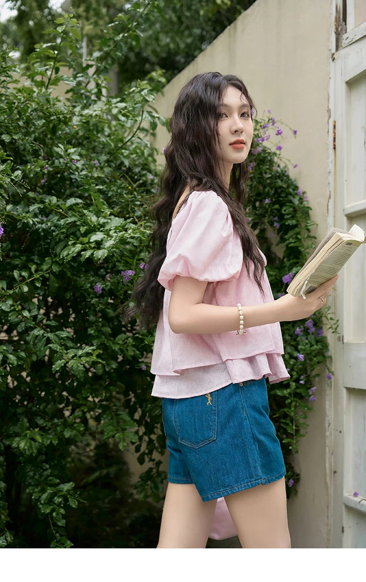 MISHOW French Square Neck Tied Lantern Sleeve Blouses 2025 Summer Double Layered Hem Puff Sleeve Solid Sweet Tops MXD26X1551