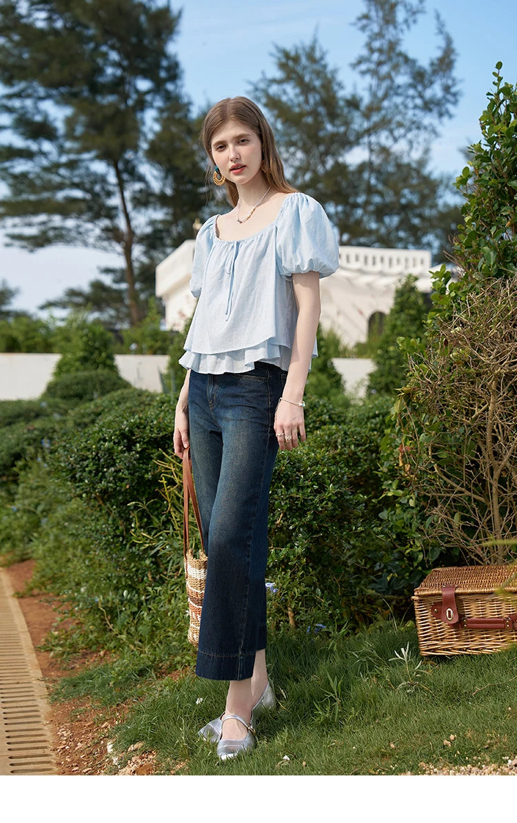 MISHOW French Square Neck Tied Lantern Sleeve Blouses 2025 Summer Double Layered Hem Puff Sleeve Solid Sweet Tops MXD26X1551