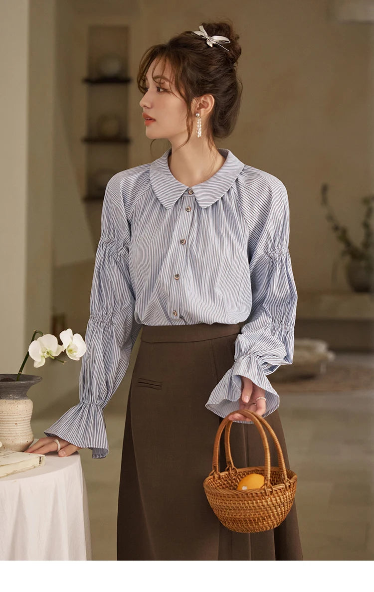 MISHOW Women's Blue Stripe Shirt 2024 Spring Fashion French Retro Bubble Sleeves Doll Neck Loose Tops Office Lady MXD12C0163