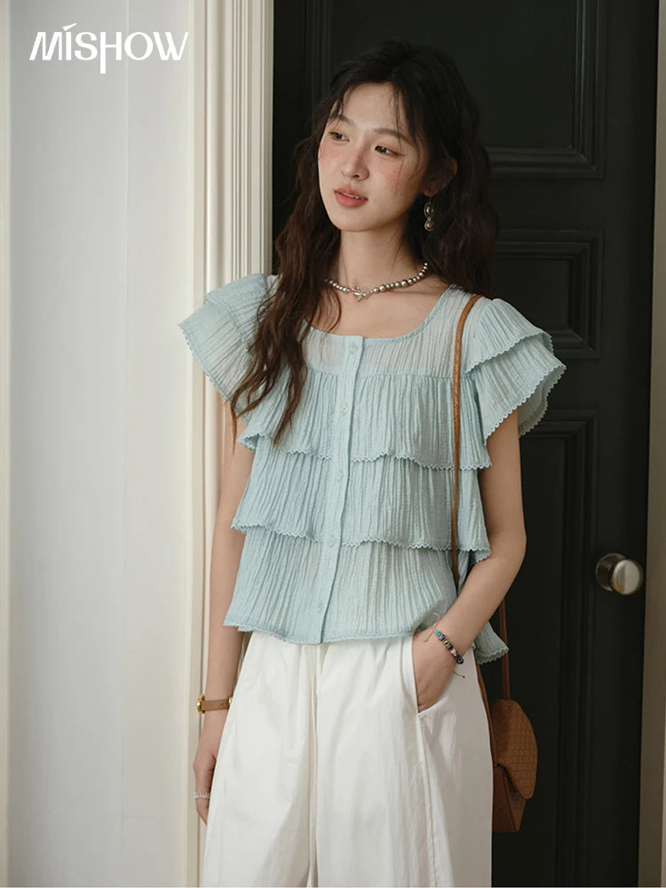 MISHOW Butterfly Sleeve Chiffon Shirt Women's 2025 Summer New Women's Clothing Retro Square Neck Button Casual Shirt MXD30X1488