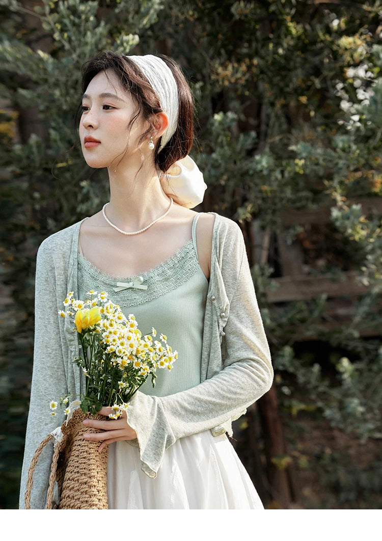 MISHOW Light Green Camisole Knit Cardigan Two-piece Set Spring Summer 2025 Lace Bow Camisole V-neck Cardigan Sets MXE15T0504