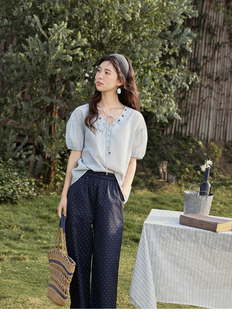 MISHOW French Summer Blouses Women Solid Short Puff Sleeve V-neck Lace-up Design Shirts Female Fashion Straight Tops MXE33X1743