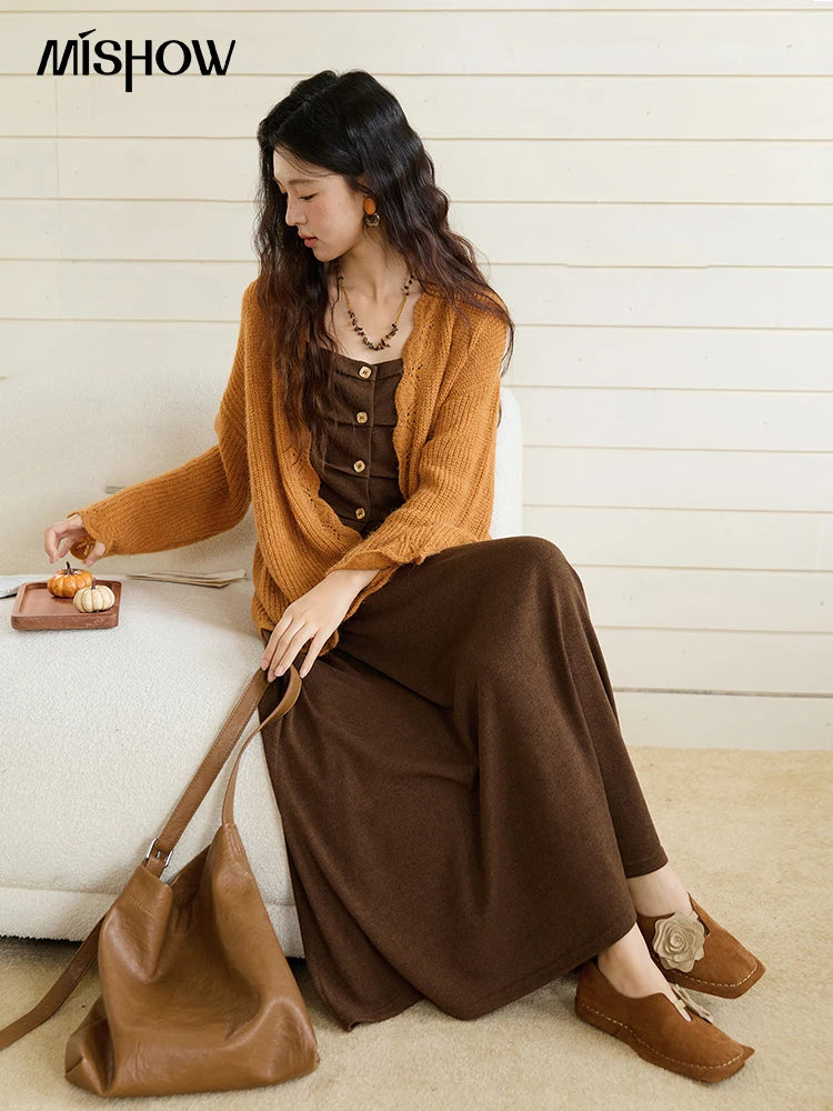 MISHOW Pumpkin Knitted Cardigan for Women Autumn 2025 Loose Wavy Edge Sweater Hollow Out Dropped Sleeves Cardigans MXE46Z2505