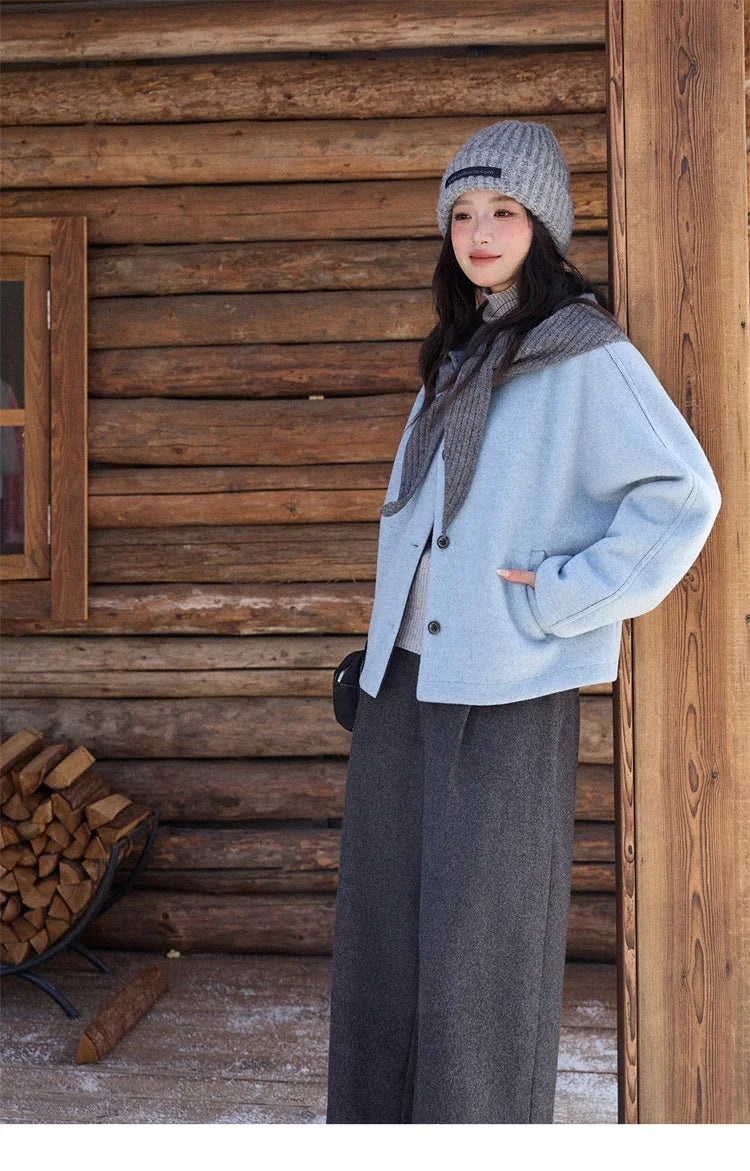MISHOW Woman Blue Wool Coat with Shawl 2025 Winter Elegant Fashion Crew Neck Single-breasted Short Loose Thick Coat MXE87W0943