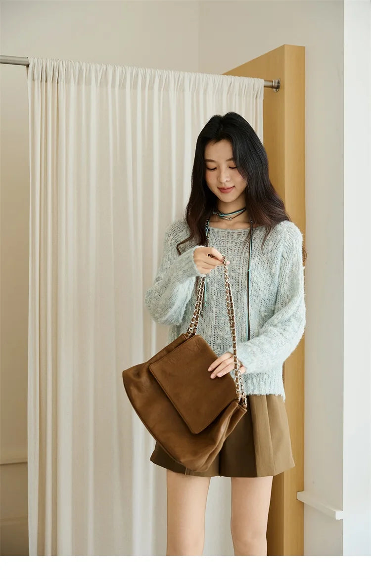 MISHOW Scoop Neck Loose Sweater 2025 Autumn Raglan Sleeve Casual Knitted Top Hollow-out Wool Blend Soft Warm Sweaters MXE46Z2565