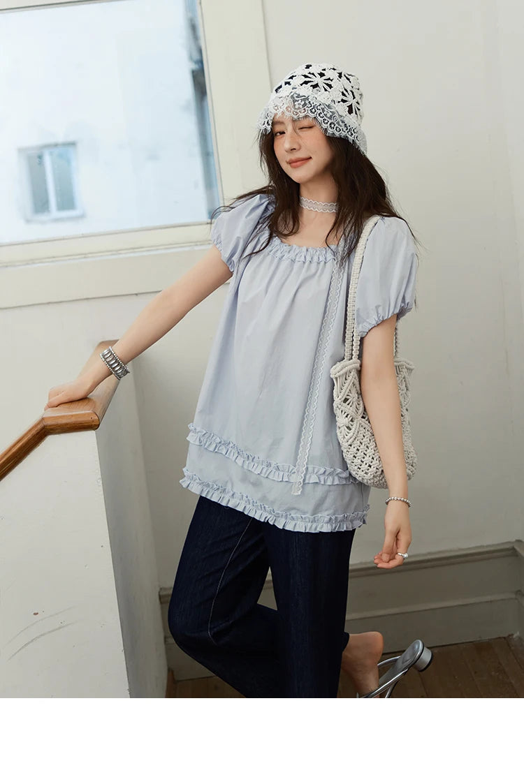 MISHOW Women's Fashion Puff Sleeve Blouse 2025 Summer Casual O-Neck Edible Tree Fungus Spliced Top Female Clothing MXE39X1929