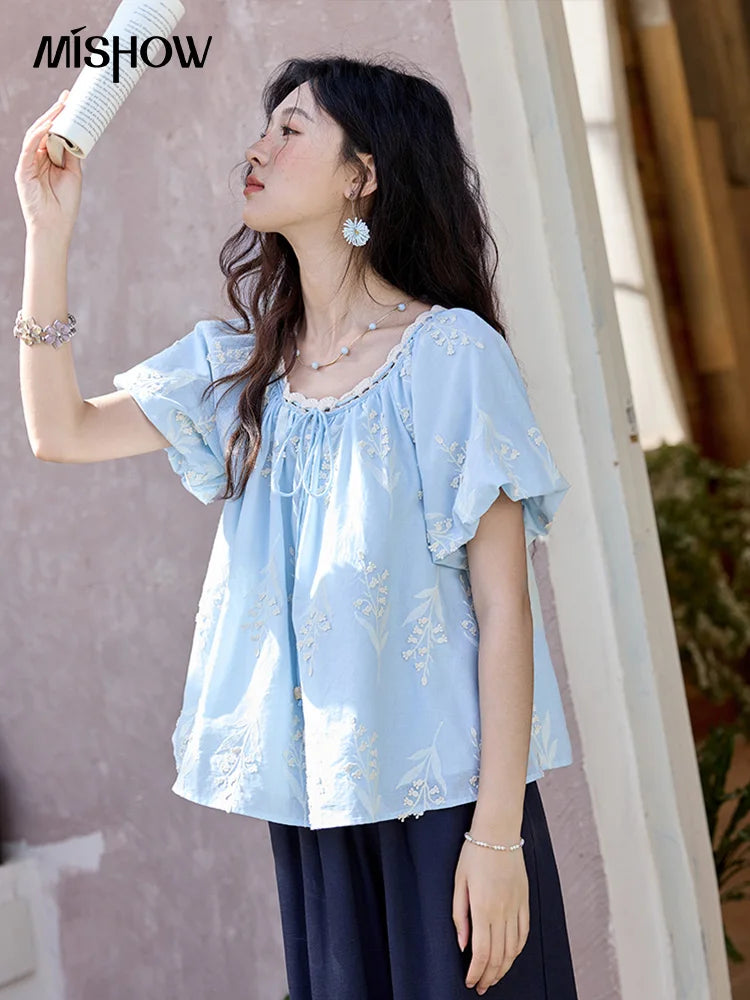 MISHOW Blue Pure Cotton Embroidered Blouses 2025 Summer Wave Edged O-neck Tops Contrasting Lace Up Loose Doll Blouses MXE35X1791