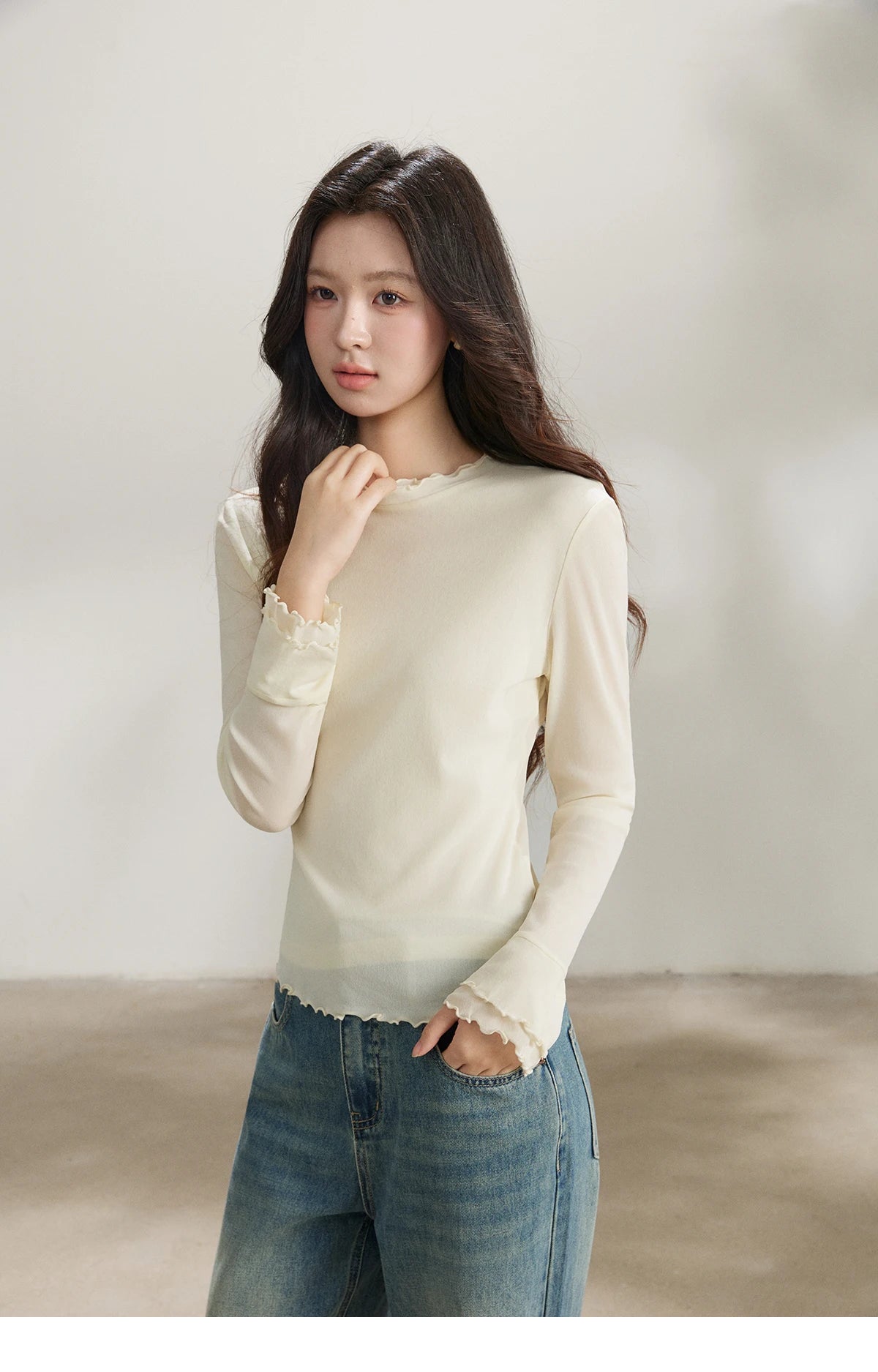 MISHOW Women's Ruffled Crew Neck Interior T-shirt 2026 Spring Lightweight Transparent Mesh Tops Slim Casual T-Shirt MXF11Z2914