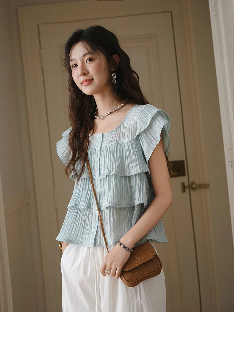MISHOW Butterfly Sleeve Chiffon Shirt Women's 2025 Summer New Women's Clothing Retro Square Neck Button Casual Shirt MXD30X1488