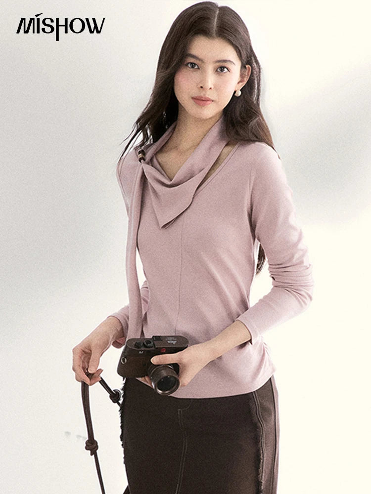 MISHOW Women's Scarf Neck Pink Long Sleeve Top 2026 Spring Color Collision Bead Asymmetrical Tops Knitted Sweaters MXF108Z1025