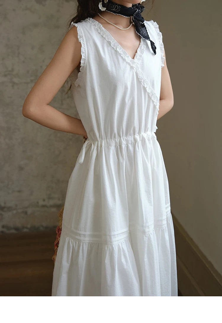 MISHOW Sleeveless Dress for Women Summer 2025 Drawstring Waist Simple Fashion Lace V-neck Dresses Female Clothing MXE37L2331