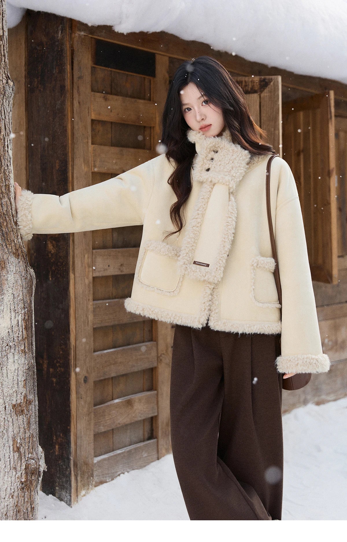 MISHOW Women's Cream Yellow Faux Suede Coat 2025 Winter Included Scarf Thickened Coats Soft Fleece Lined Outerwear MXE91W1019