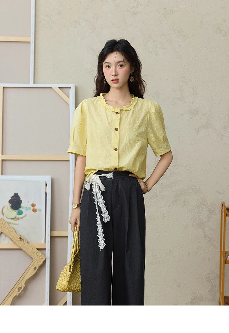 MISHOW 100% Cotton Women's Puff Sleeve Shirt 2025 Summer New Fashion Round Neck Button Top Casual Female Clothing MXE36X1873