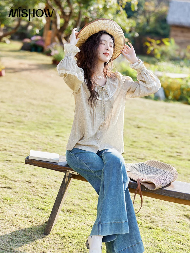 MISHOW Women's Floral Round Neck Shirts 2025 Spring Ruffled Collar Commuting Top Sweet Petal Sleeve Lace-up Shirts MXE14X1729