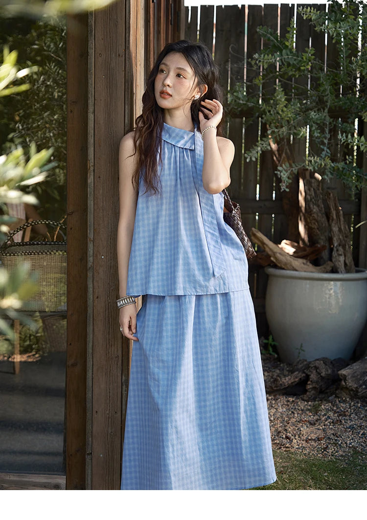 MISHOW Women's 2 Piece Set 2025 Summer Female Vacation Fashion Plaid Hanging Neck Button Top A-line Half Skirt Set MXE39T0711