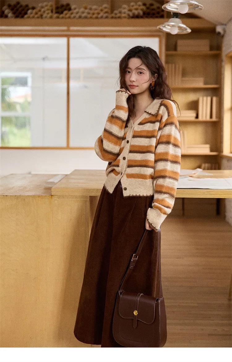 MISHOW Striped Cardigan for Women 2025 Winter Retro Unique Design V-neck Single-breasted Sweater Wool Long Sleeve Top MXE87Z2681