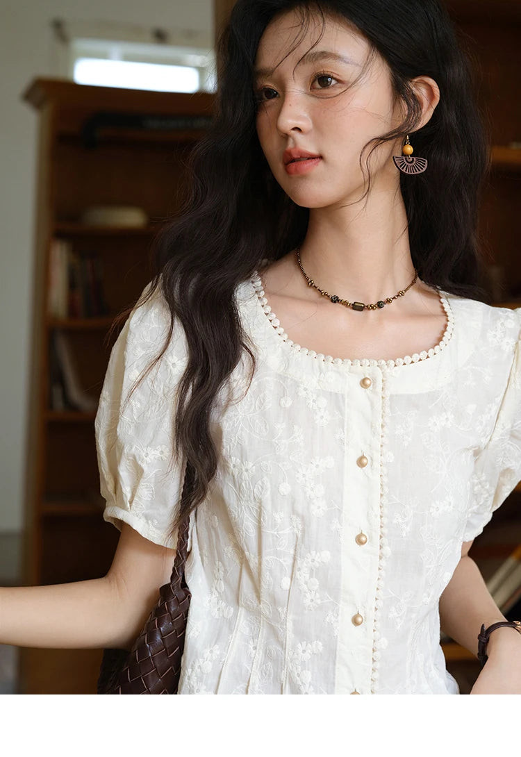 MISHOW Embroidery Cotton Shirt for Women 2025 Summer Fashion French Style Puff Sleeve Button Shirt Women's Clothing MXE39X1979