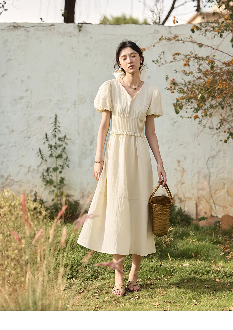 MISHOW French Summer Dresses Women 2025 New Short Puff Sleeve V-neck Solid Cotton Blended Dress Female Slimming MXE34L2288