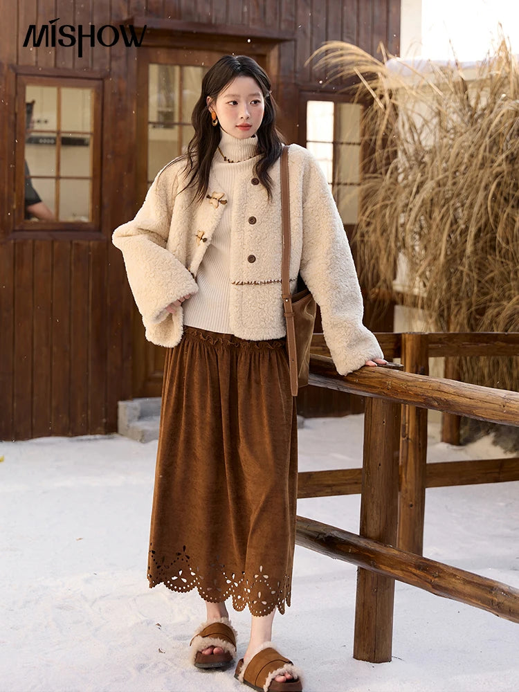 MISHOW Winter Jackets Women 2025 Retro Apricot Imitation Lambswool Coat Commuter Round Neck Single-breasted Jacket MXE51W0874