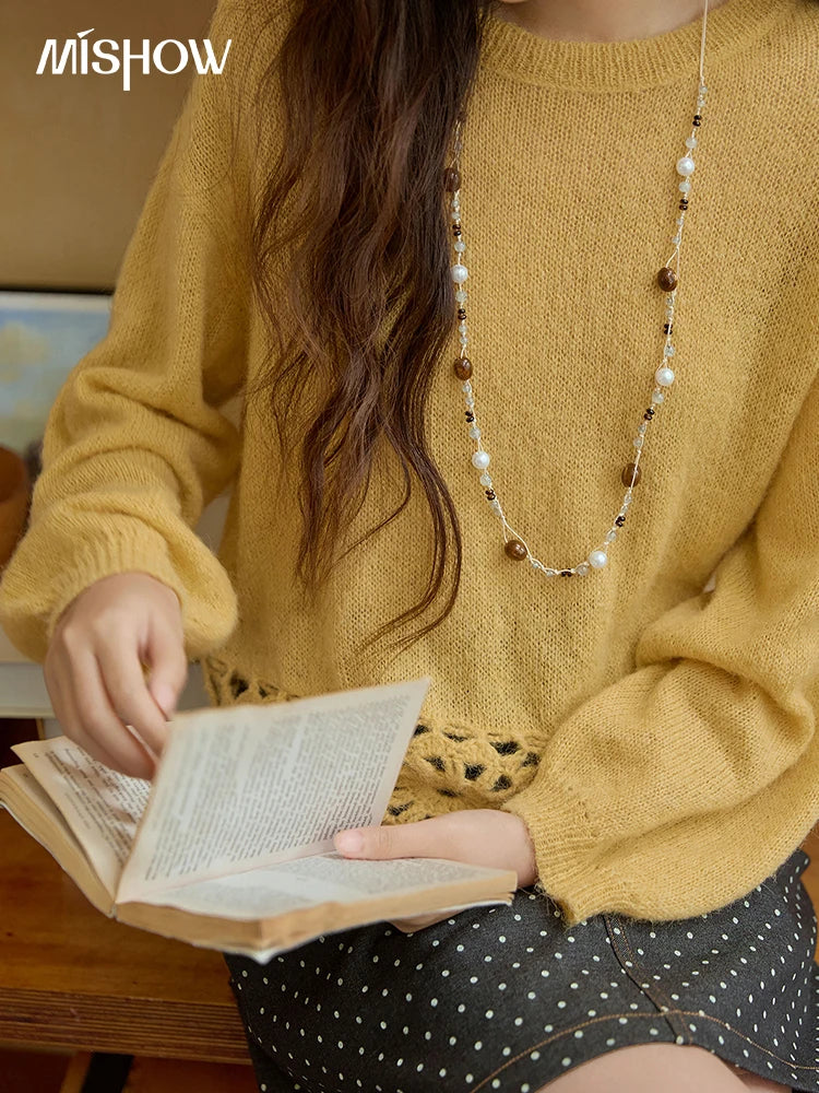 MISHOW Woman Sweaters 2025 Elegant French Hollow Out Floral Sweater Loose O-neck Long Sleeves Knit Top Autumn Clothes MXE44Z2491