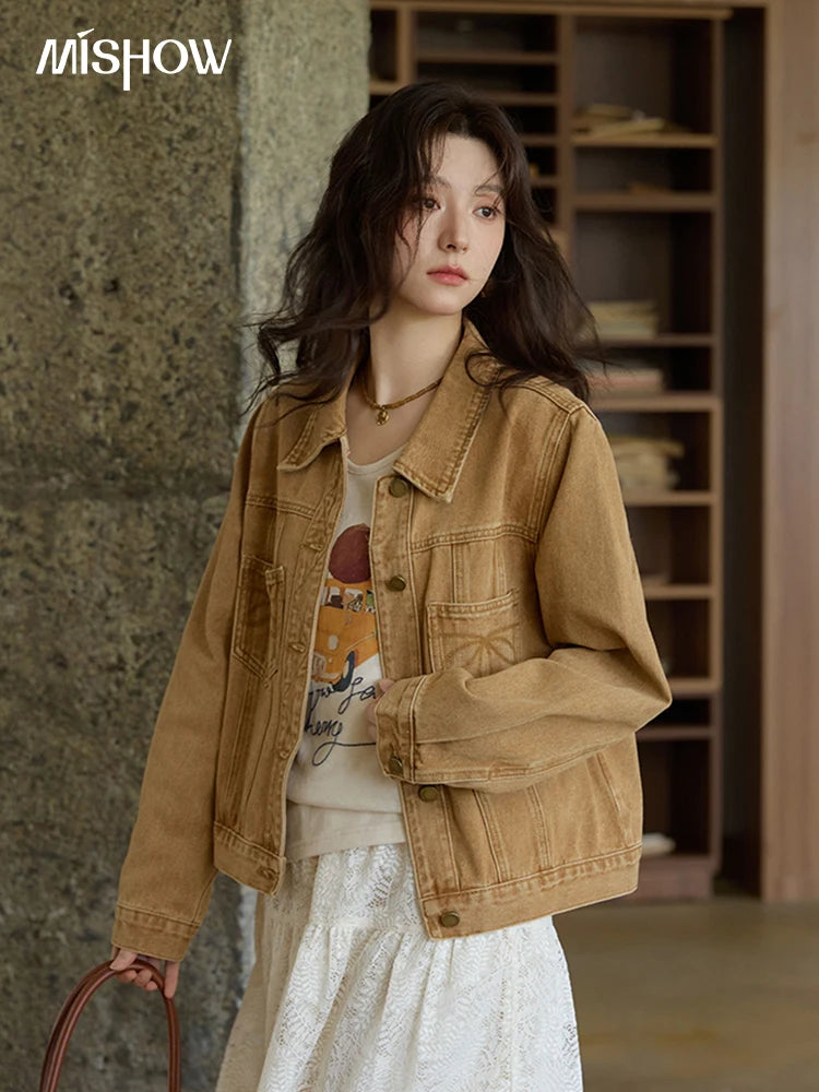 MISHOW Light Brown Vintage Denim Jacket for Women 2025 Autumn Embroidered Pockets Dropped Sleeve Retro Loose Jacket MXE41W0795