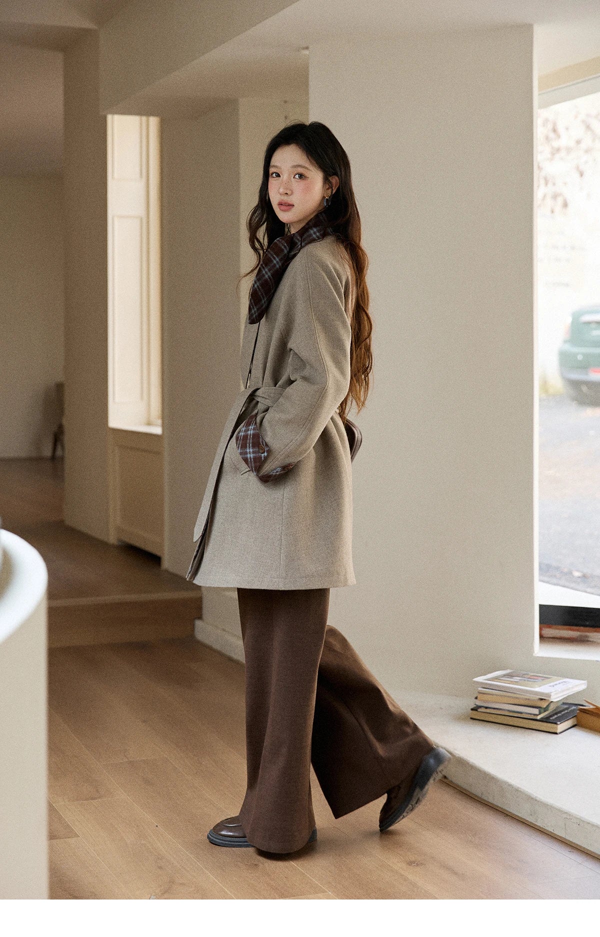 MISHOW Retro British Plaid Patchwork Woolen Coat Winter 2025 Rabbit Ear Tie Collar Waist Cinching Belt Woolen Coats MXE90W0924