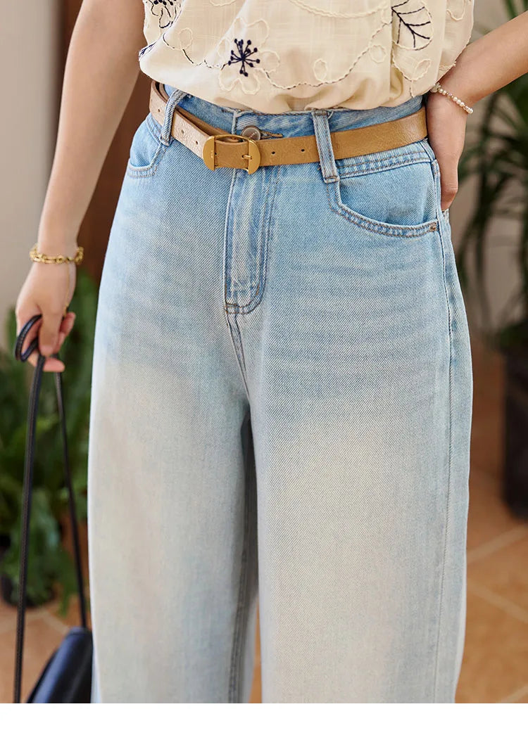 MISHOW Denim Blue Lace Straight Leg Pants for Women Summer 2025 High Waist Trousers 100 Cotton Casual Wide Leg Jeans MXE35K0947