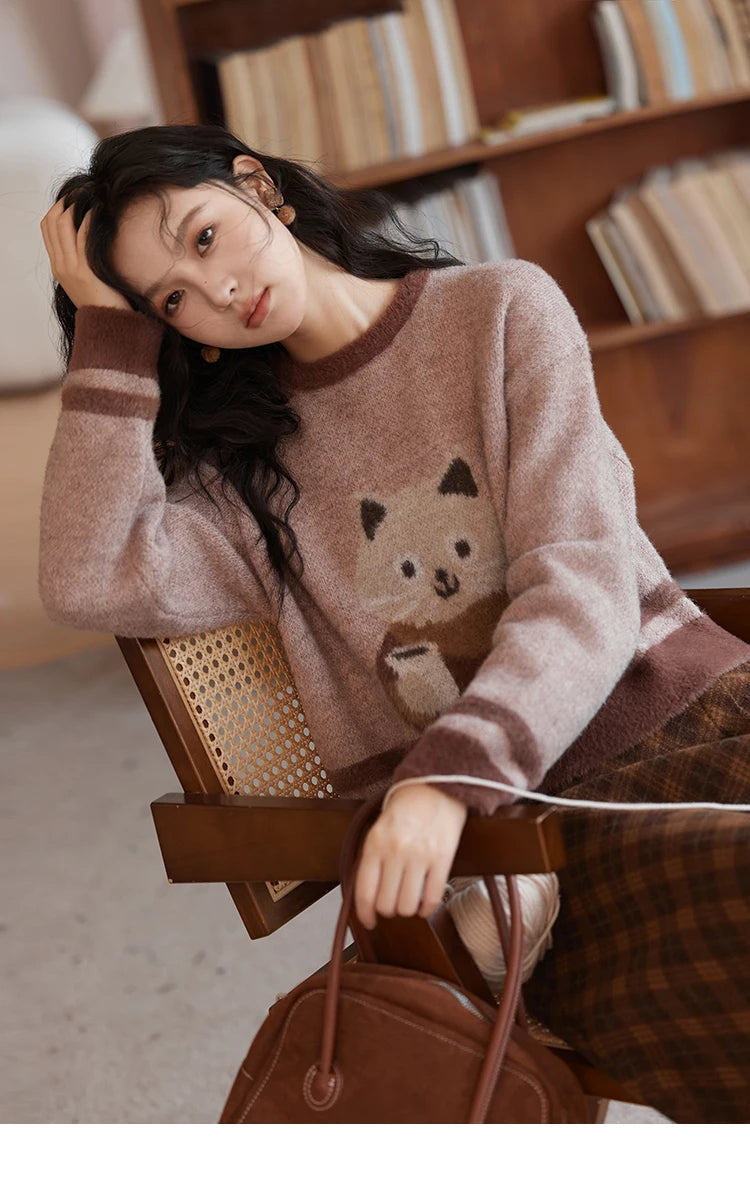 MISHOW Faux Sable Sweater Women 2024 Autumn Winter Sweet Gentle Loose Basic Soft Cartoon O-Neck Long Sleeve Pullovers MXD45Z0860