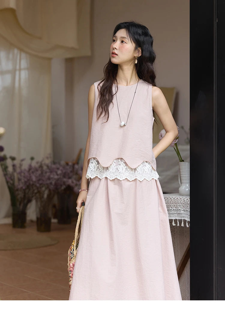 MISHOW Set 2 Piece 2025 Summer Women's O-Neck Lace Patchwork Sleeveless Top Elastic Waist Midi Skirt Elegnat Set MXE36T0641