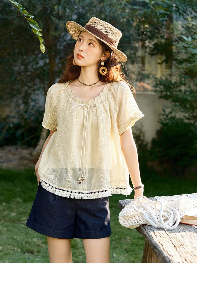 MISHOW Women's Embroidery Jacquard Blouse 2025 Summer New Fashion O-Neck Lace Up Short Sleeve Blouse Female Clothing MXE37X1861