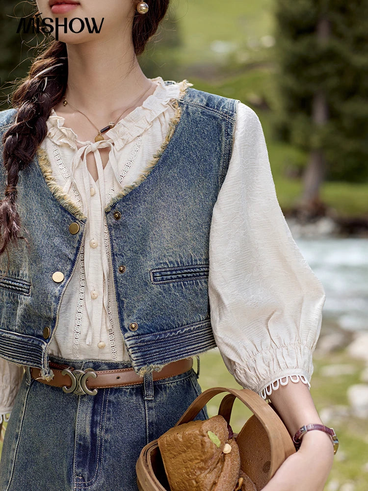MISHOW Retro Blue Denim Vest Coat 2024 Autumn Sleeveless V Neck Hem Tassels Coat Female Single Breasted Casual Top MXD41W0387