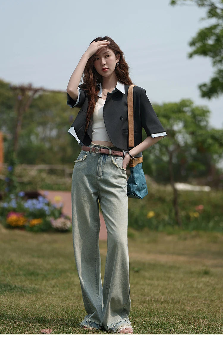 MISHOW Fake Two Short Suit Jackets for Women Summer Three Quarter Single Breasted Turn-down Collar Female Coats MXC33W0016