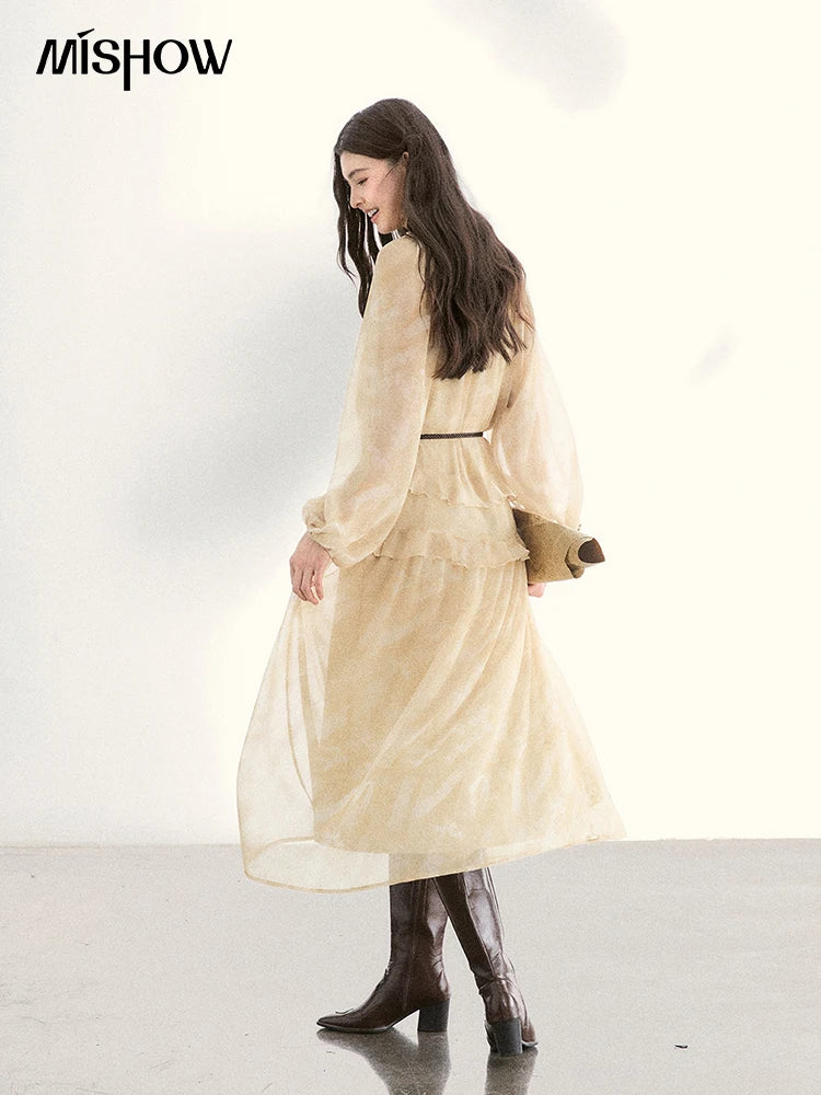 MISHOW Light Yellow Chiffon Maxi Dress 2026 Spring V-Neck Ruffled Belted Floral Print Casual Long Sleeve Dresses MXF11L2554