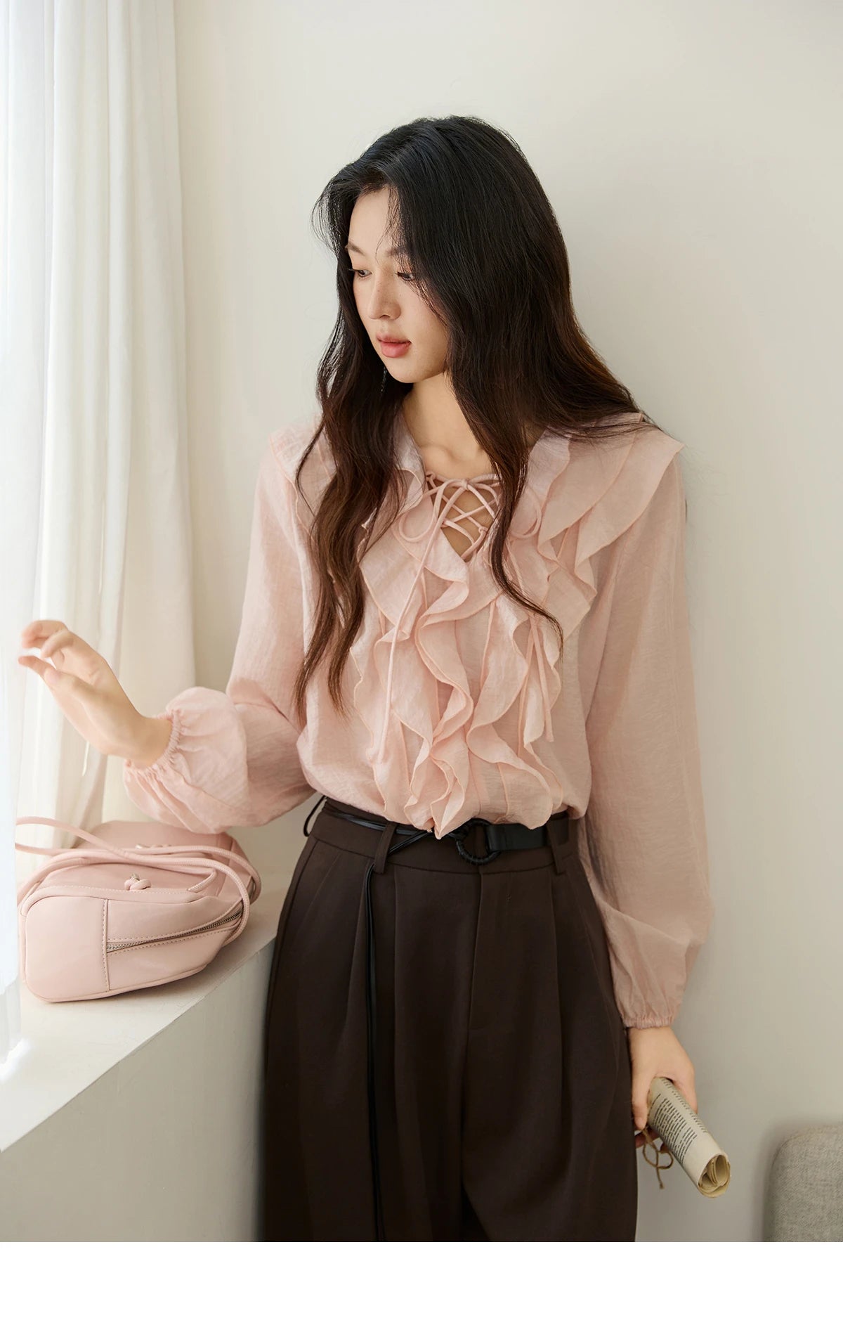 MISHOW Pink Ruffled Blouse for Woman 2025 Autumn New Elegant Sweet V-neck Lace-up Design Shirt Lantern Sleeves Top MXE49X2504