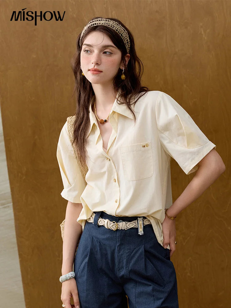 MISHOW New French Summer Shirts for Women New 2025 Short Sleeve Turn-down Collar Solid Slimming Blouses Lady Gentle MXE33C0778