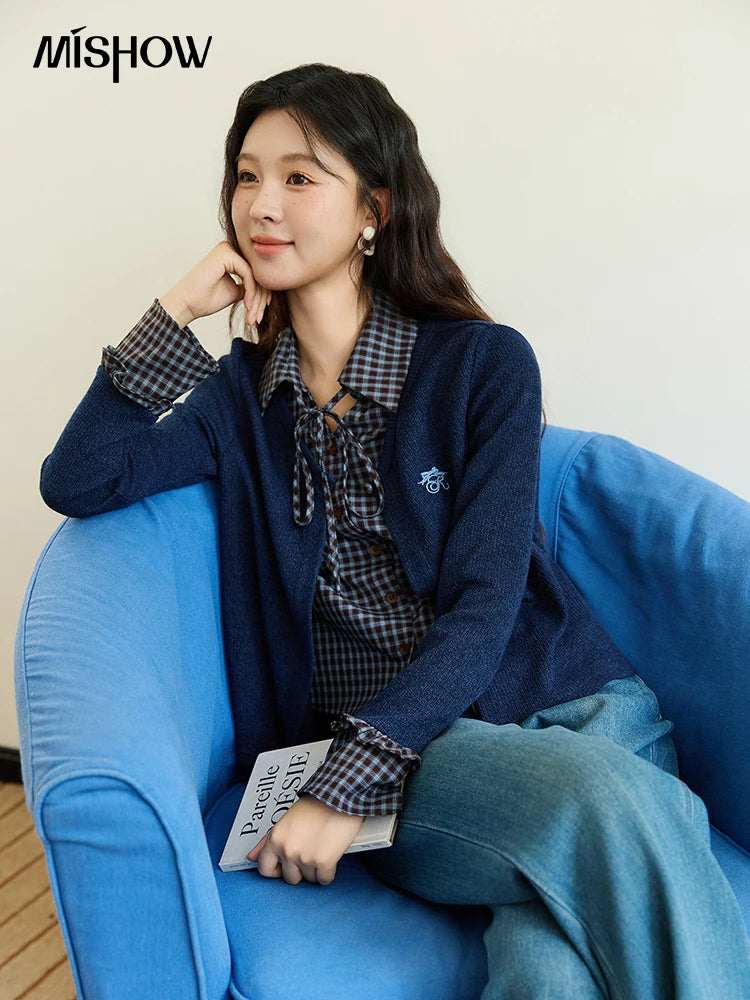 MISHOW Women's Fake Two Knitted Sweaters 2025 Autumn Plaid Splicing Embroidered Tops Retro Lapel Flare Sleeve Tops MXE45Z1401