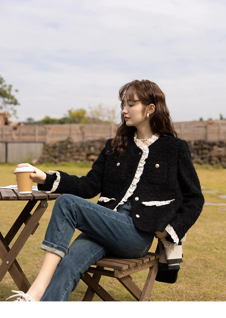 MISHOW Wool Coat for Women Winter Korean Retro Lace Splicing Lamb Wool Button Pockets Thickened Warm Female Coat MXB43W0720