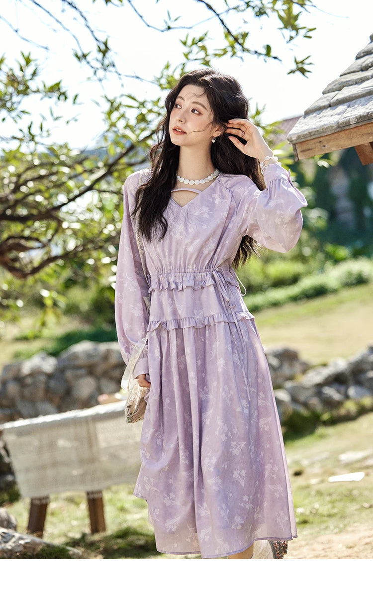 MISHOW Elegant Black Fungus Edge Dress for Women Spring 2025 Floral Lace-up Waist Dresses Long Sleeved Cake Dress MXE13L2101