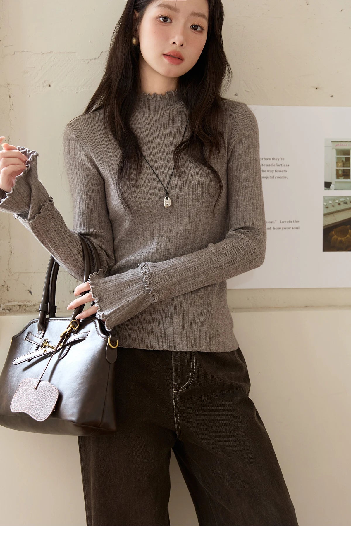 MISHOW Women's Long Sleeve Top 2025 Autumn New Casual Solid Turtleneck Slim Knit Wood Ear Edge Trumpet Sleeve Top MXE51Z2552