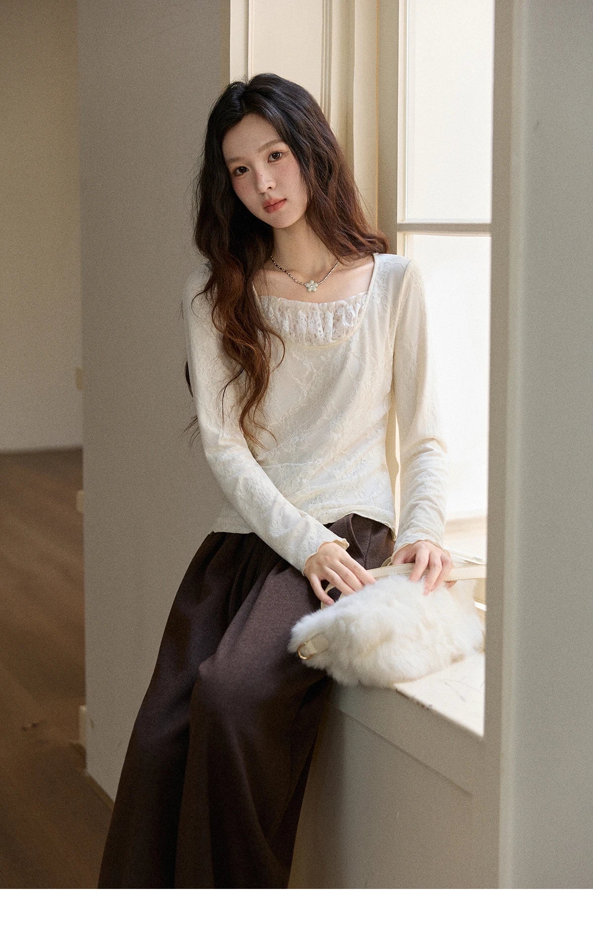 MISHOW Women Long Sleeve Tees 2025 Autumn Winter Elegant Beige Lace Patchwork Top Women Large U-neck Slim Fit Top MXE91X2514