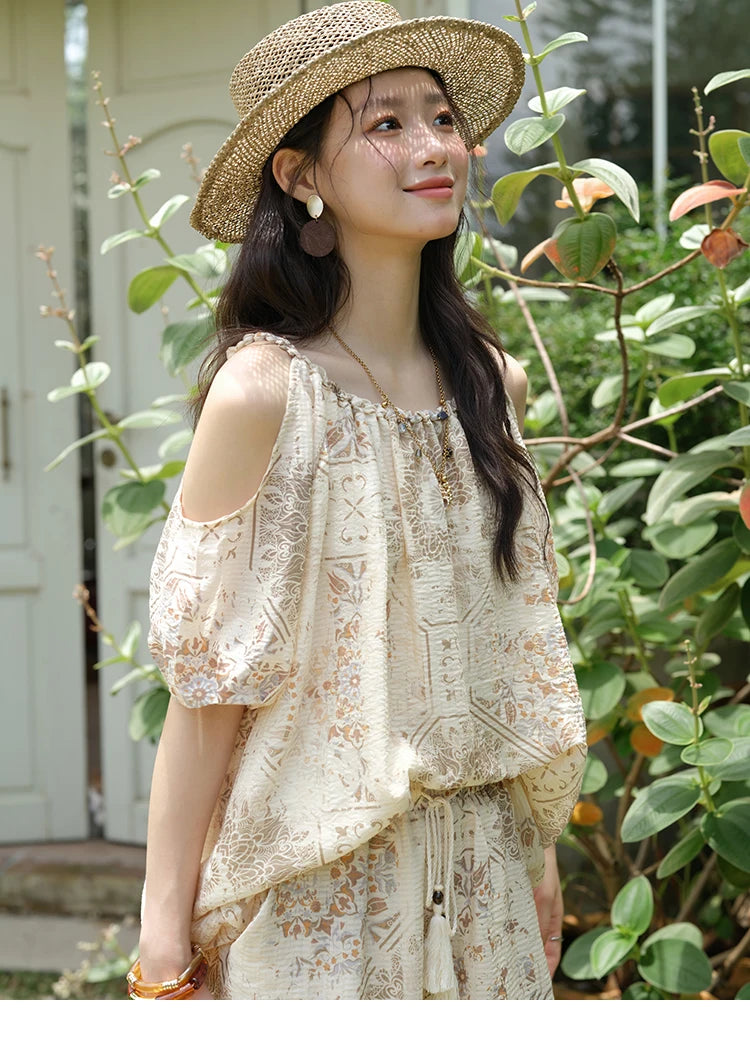 MISHOW Women's Two Piece Set 2025 Summer New Casual Bohemian Print Top Beaded Tassel Drawstring Pocket Shorts Set MXE39T0723